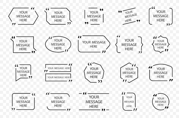 ベクトル 透明な背景に分離された引用ボックスフレームセット。バブルの引用、コメント、メッセージの境界線。印刷情報デザインの引用と空白のテンプレート。ベクトル引用ボックス