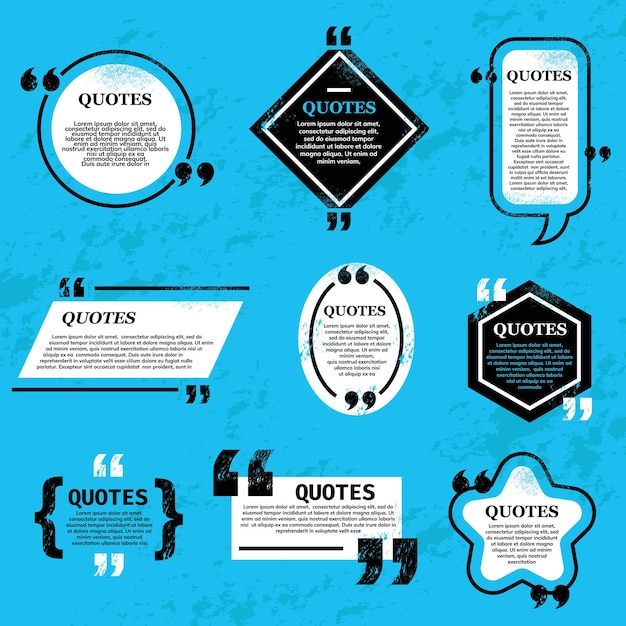 Vector quote bubble and box, chat message, comment and note quote icons. vector blank templates for texting, book citing or newspaper info. grunge frames for text on blue background, quotation borders set