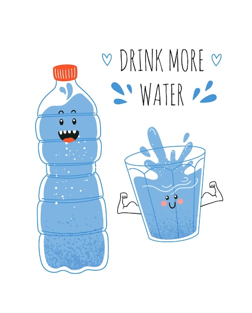 Quote Drink more water print drinking water in a bottle Vector card or poster with water fasting