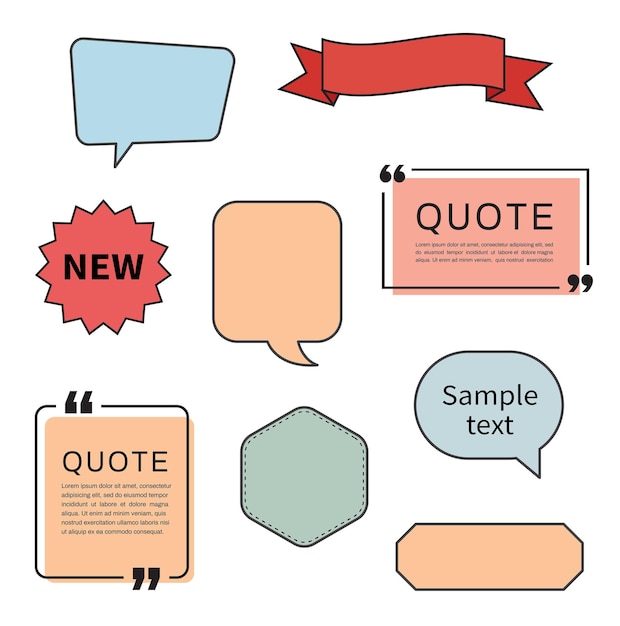 Quote frames templates speech bubbles ribbons banners set of red starburst