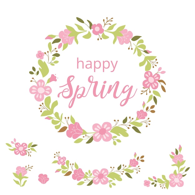 Citazione happy spring in ghirlanda di fiori primaverili su sfondo bianco illustrazione vettoriale cornice primaverile cerchio romantico con testo modello di scheda colori verde rosa elemento di design poster di stampa decorativo carino