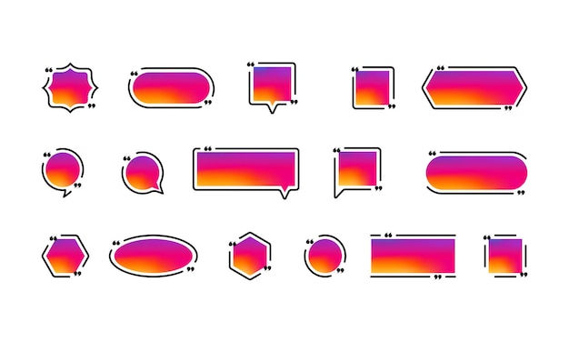 견적 아이콘 세트입니다. 소셜 미디어 개념입니다. 인용 부호 개요, 음성 표시, 역 쉼표 또는 말하는 표시 모음. 액자. 벡터 Eps 10입니다. 배경에 고립