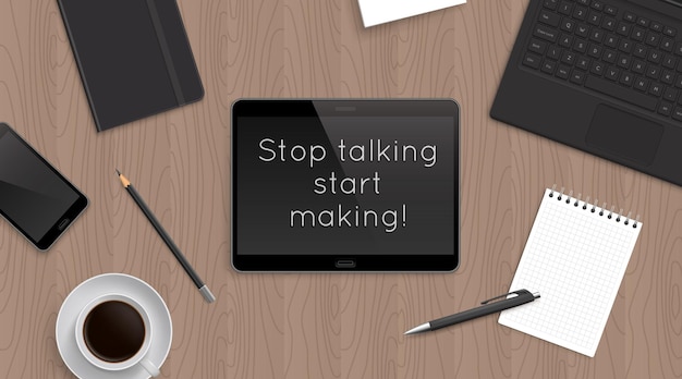 Vector quote sop talking start making in tablet on office table