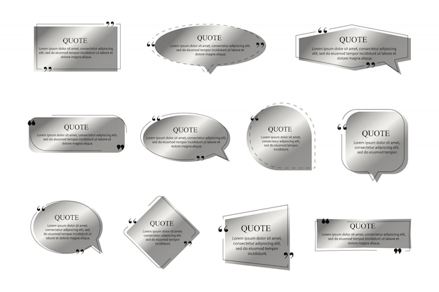Quotes frames of silver color on white background. text box template, quote modern citation speech bubble and social network quotes dialogue boxes.