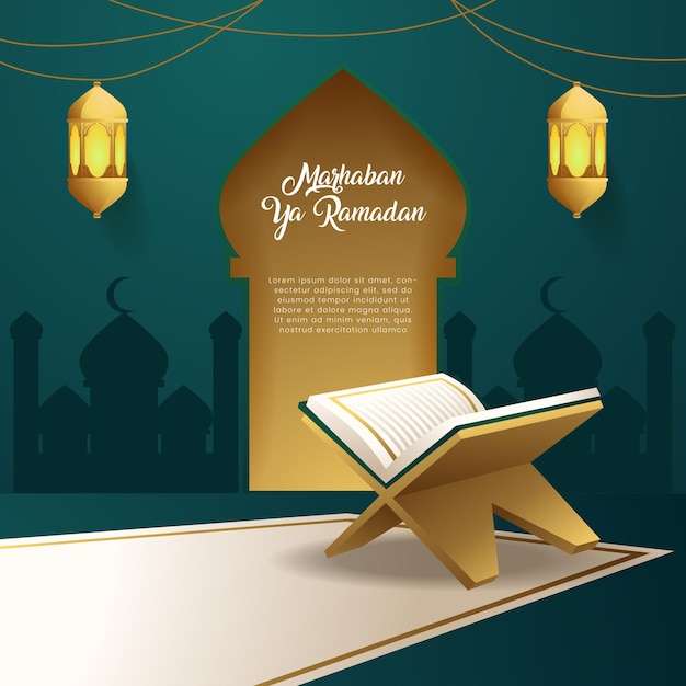 Vector quran elegant with lamp ramadan kareem concept islamic culture green background