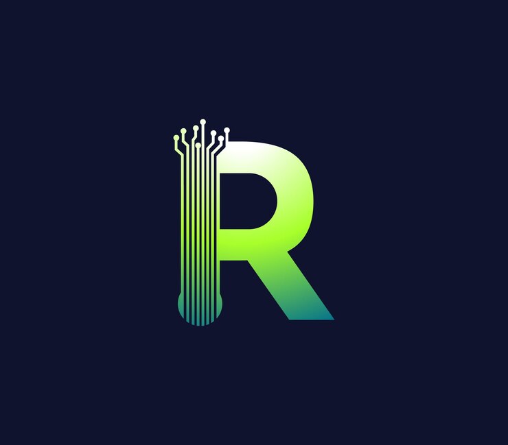 Vector r alphabet technology data circuit logo design company concept