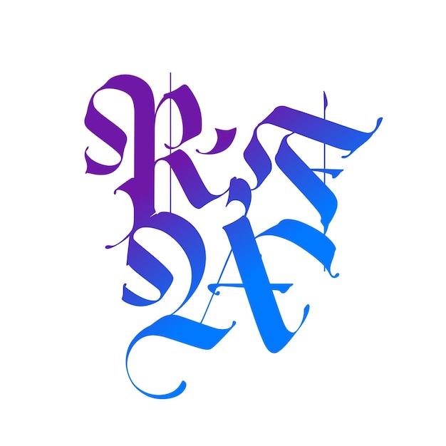 R F A in the Gothic style Letters and symbols on a white background