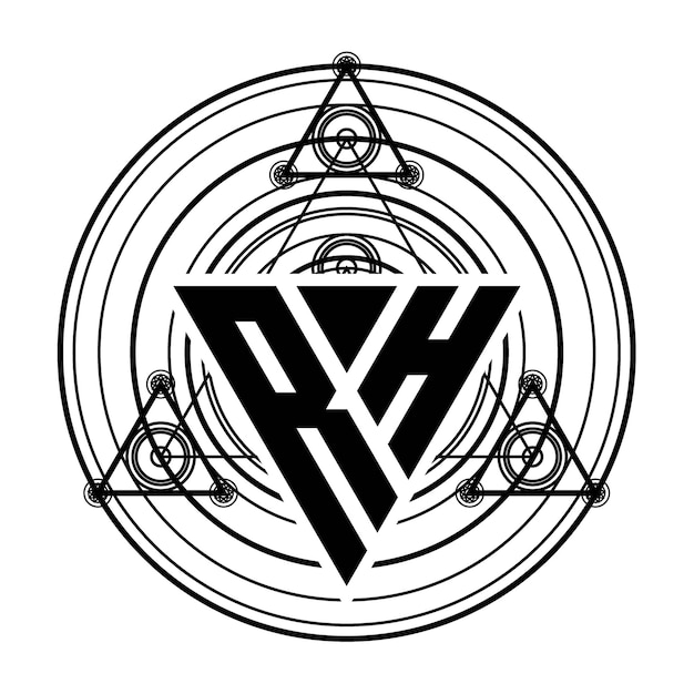 Vettore logo della lettera rh monogram con modello di design a forma di triangolo con ornamenti geometrici sacri