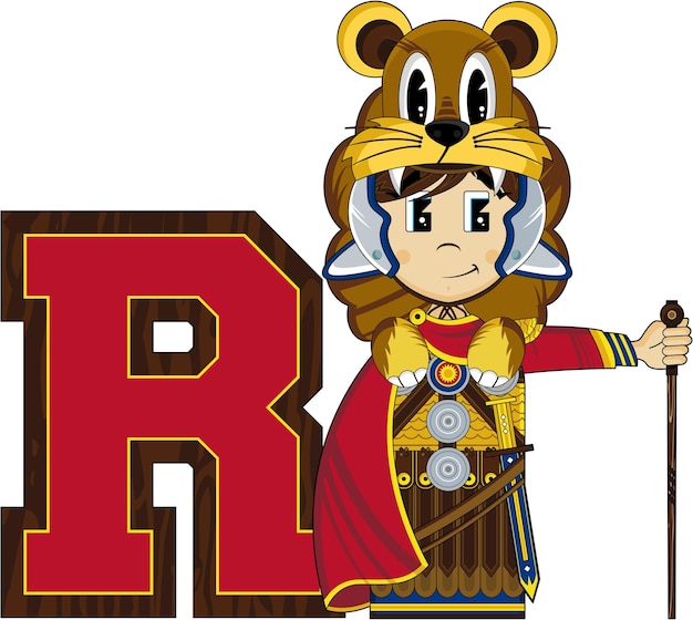 R is voor Roman Centurion Lion Soldier Cartoon Alphabet Learning Educational History Illustration