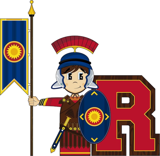 Vector r is voor roman centurion soldier met flag cartoon alphabet learning history illustration