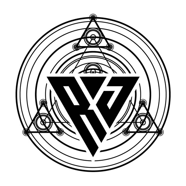 ベクトル 神聖な幾何学的な装飾が施された三角形のデザイン テンプレートを使用した rj モノグラム文字ロゴ