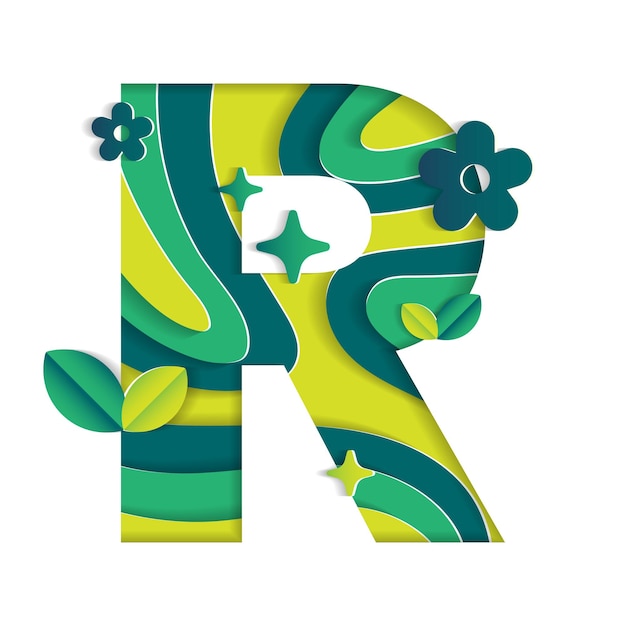 Буква R Символ Экологического Дня Окружающей Среды Абстрактный Зеленый 3D Бумажный Слой Векторная Иллюстрация