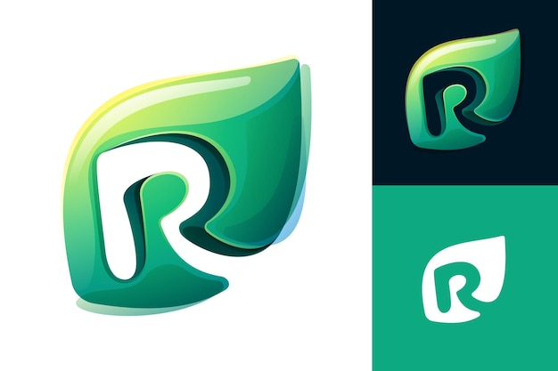 Vector r letter eco logo green leaf carving 3d realistic icon environment friendly forest initial