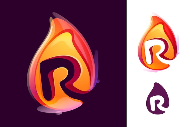 Logo della lettera r nella fiamma del fuoco spazio negativo icona realistica 3d iniziale vibrante in stile acquerello