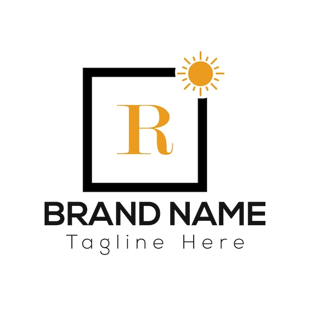 R Letter Sun Logo Design Concept met het zonne-icoon
