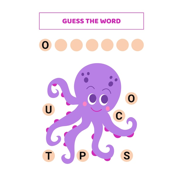 Raad het woord Educatief spel voor kinderen met schattige cartoon-octopus