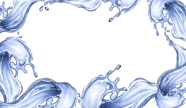 Raad van watergolven transparant met druppels aquarel illustratie geïsoleerd op witte oceaangolven