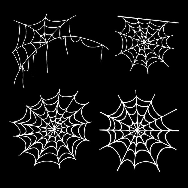 Raagbol collectie, geïsoleerd op zwart. halloween spinnenweb set. hand getrokken pictogrammen voor halloween-decoratie. zeer fijne tekeningen in schetsstijl.