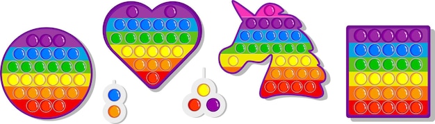 Raak fidget aan in vierkante vorm, hartvorm, eenhoornvorm en ronde vorm. Een set populair popspeelgoed in regenboogkleuren en een eenvoudig handgemaakt speeltje met kuiltjes.