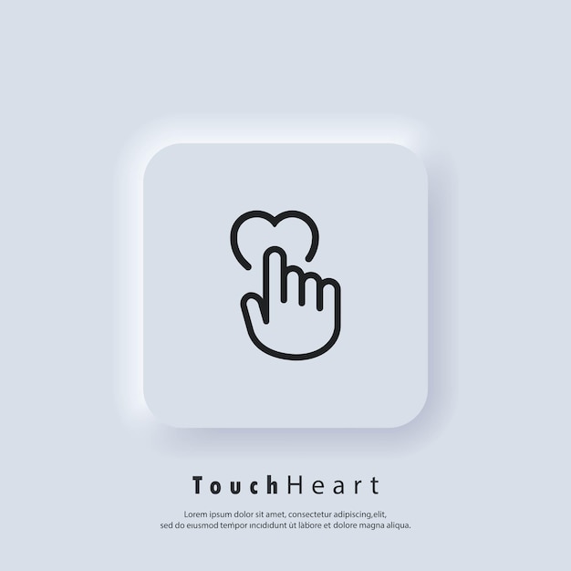 Raak het hartpictogram aan. De menselijke hand duwt op het hartpictogram. Liefdesymbool, teken voor bruiloft. Vector. Neumorphic UI UX witte gebruikersinterface webknop. neumorfisme