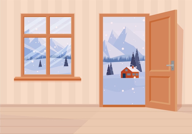 Raam en deuren in winterlandschap. Platte cartoon stijl vectorillustratie. EPS 10