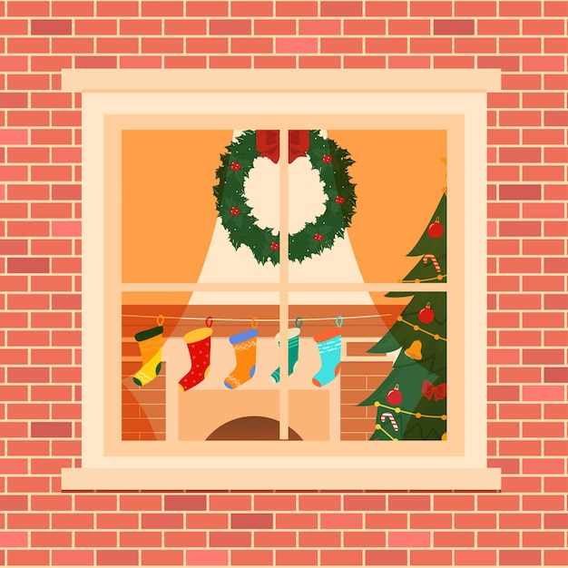 Raam met kerst woonkamer kerstboom, verlichting, cadeautjes, open haard. Venster in bakstenen muur. Boog