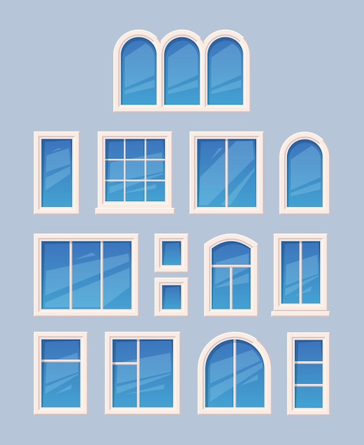 Raam ontwerp. Glas verschillende soorten architecturale buitenobject opzichtige vector collectie. Illustratie raam kantoor en thuisfront