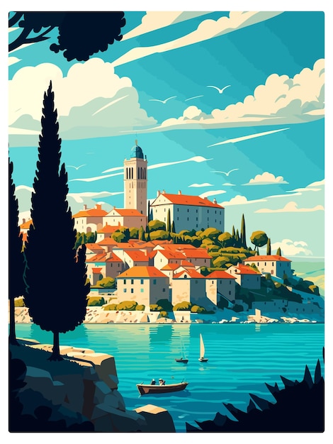 Vector rab island croatia vintage travel poster souvenir postcard portrait painting wpa illustration