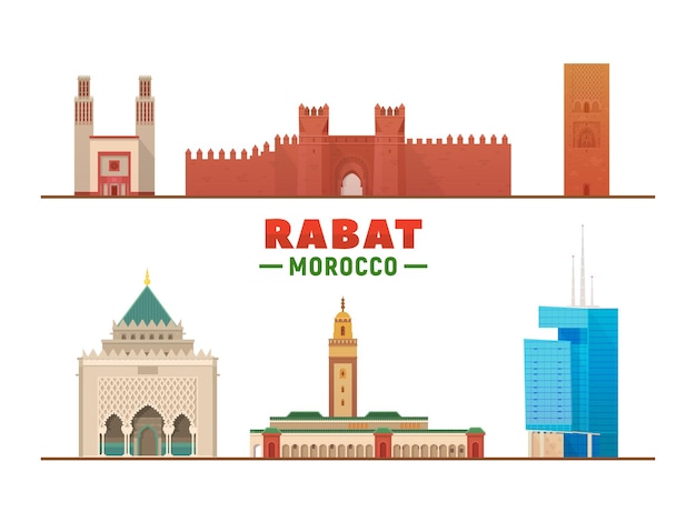 Punti di riferimento della città di rabat marocco su sfondo bianco illustrazione vettoriale concetto di viaggi d'affari e turismo con edifici moderni immagine per cartellone banner di presentazione e sito web