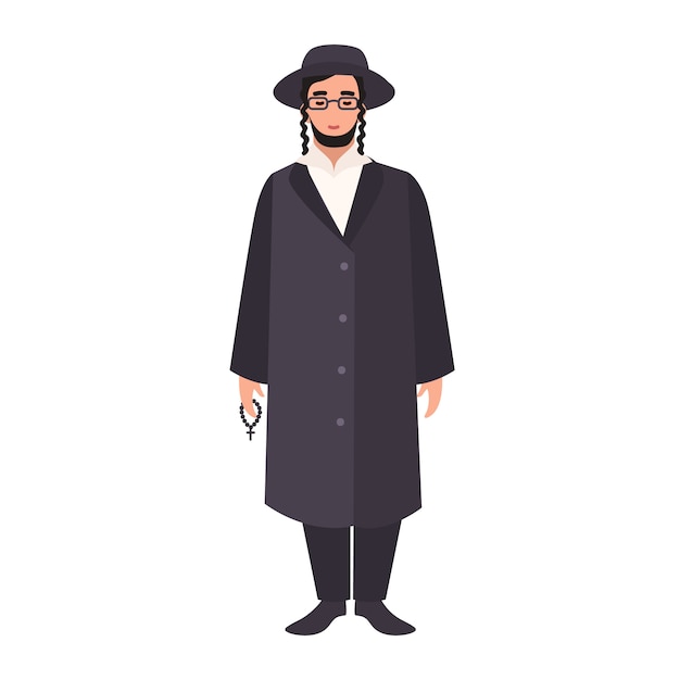 Rabbi con payot indossando abiti e cappello tradizionali. sacerdote ebreo, chierico o leader religioso. personaggio dei cartoni animati maschio isolato su fondo bianco. illustrazione colorata in stile piatto.