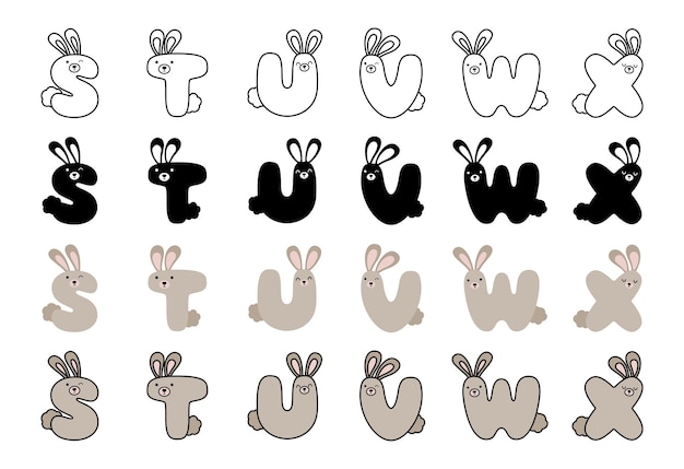 Vettore alfabeto di coniglio in stile cartone animato
