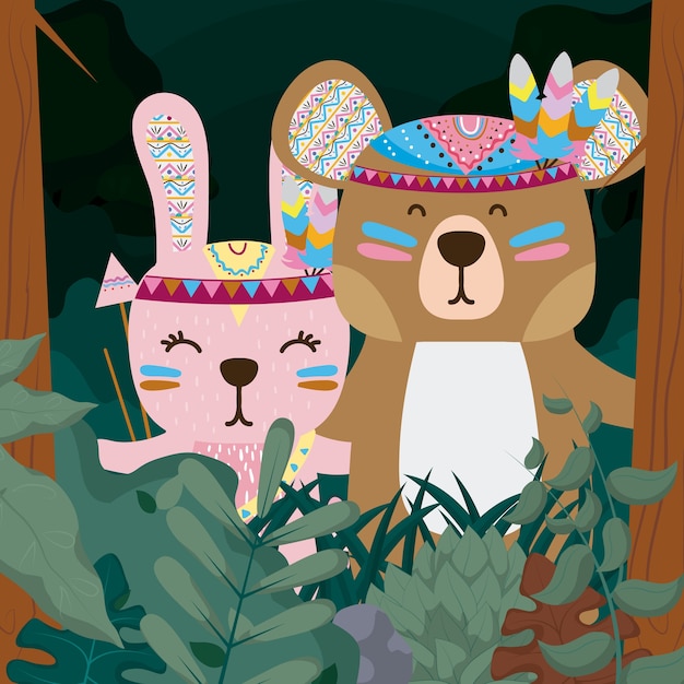 Rabbit and bear in the forest cute cartoon