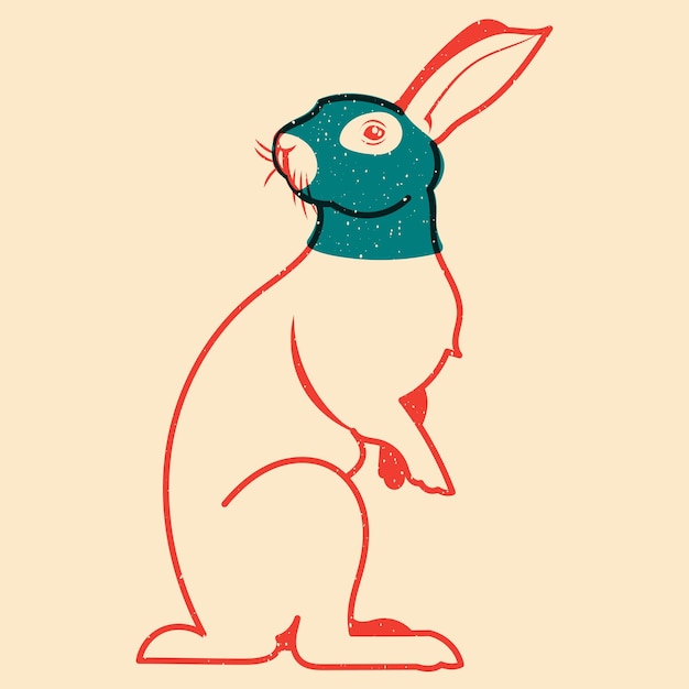 Rabbit in black mask Vector illustration in a minimalist style with Riso print effect