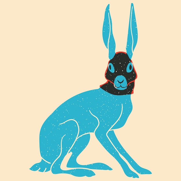 Riso プリント効果を備えたミニマリスト スタイルの黒いマスクのベクトル図のウサギ