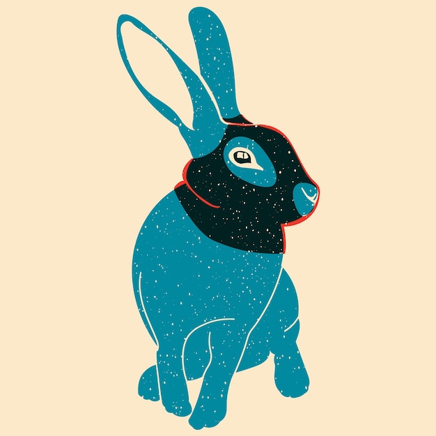 Rabbit in black mask Vector illustration in a minimalist style with Riso print effect