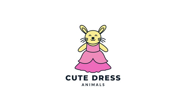아름다운 드레스를 입은 토끼 또는 토끼 귀여운 만화 로고 벡터 일러스트 디자인