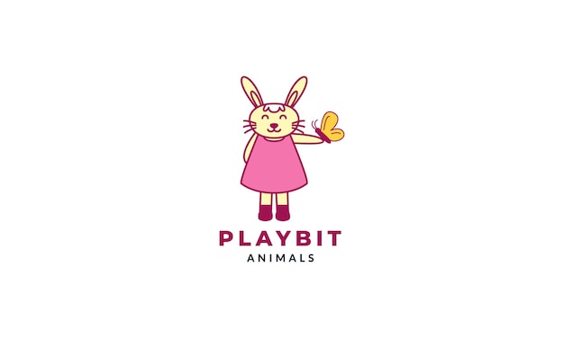 Rabbit or bunny with butterfly cute cartoon logo vector illustration design