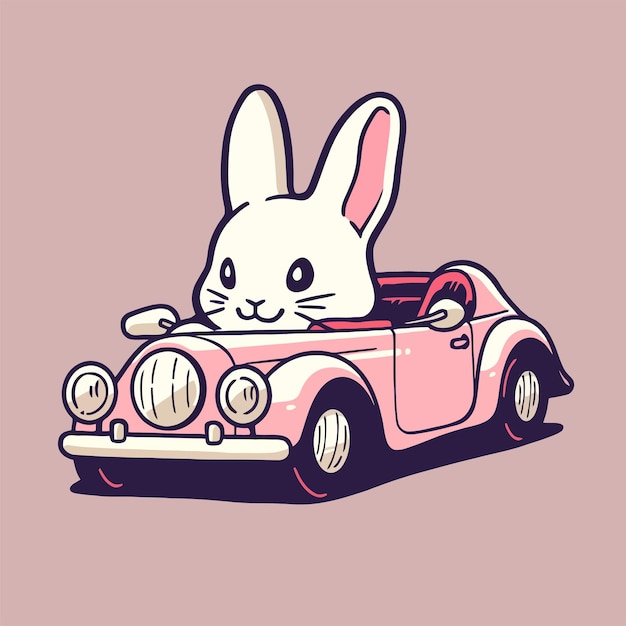 A rabbit in a car with a pink background.