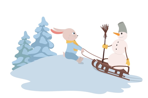 Rabbit carries snowman on a sleigh