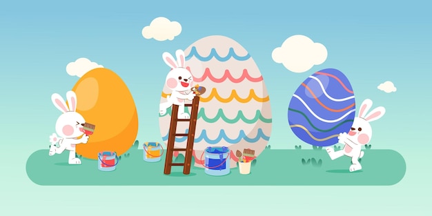 Кролик несет и рисует пасхальные яйца в векторной иллюстрации сада