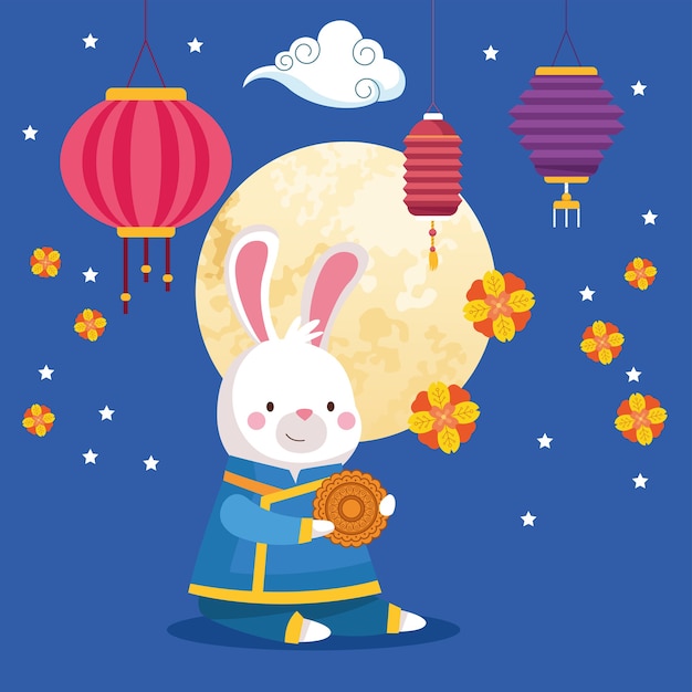 Мультфильм кролика в традиционной ткани лунный пирог, луна и дизайн фонарей, праздник урожая середины осени, восточный китайский и праздничная тема