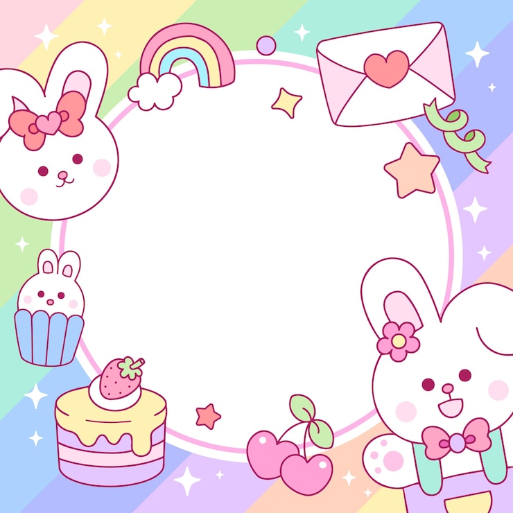 Vector 虹の背景にかわいいフレームを持つウサギの漫画