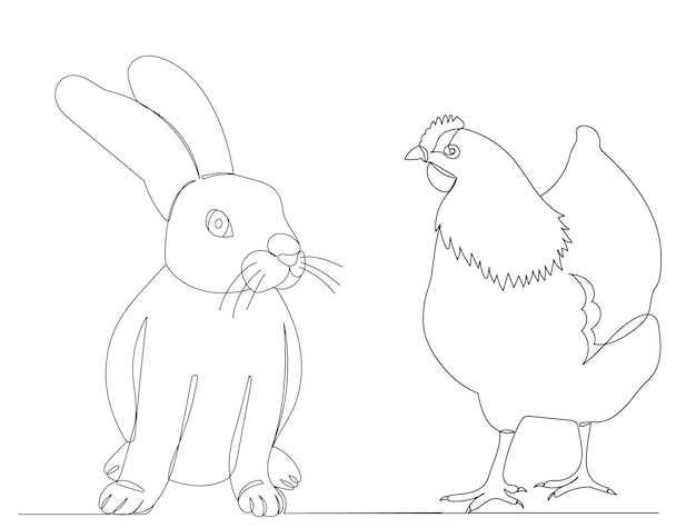 Rabbit and chicken one continuous line drawing, vector