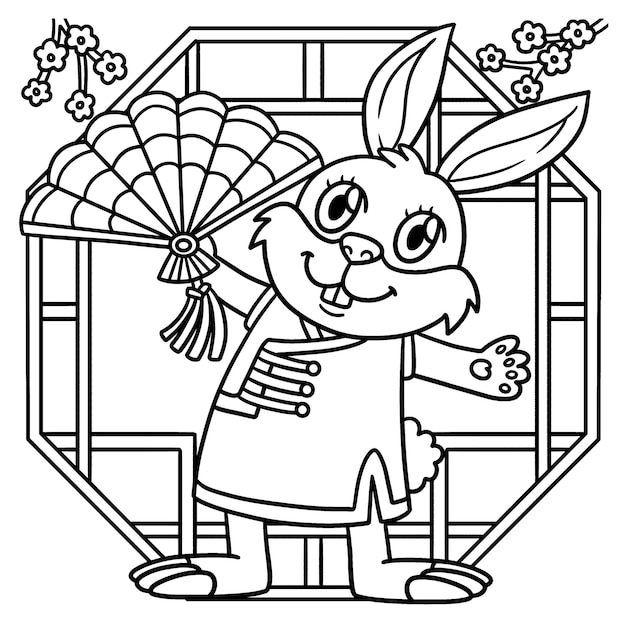 Vector rabbit chinese fan year of the rabbit coloring