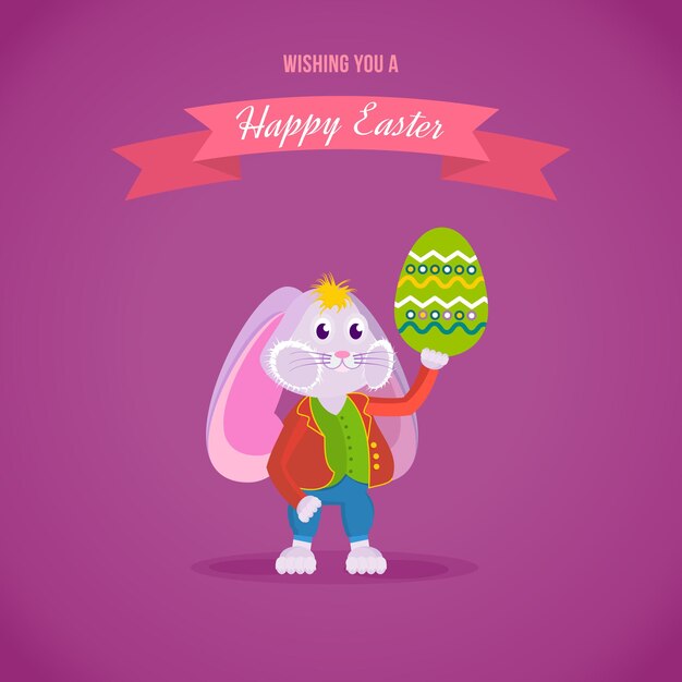 Rabbit in clothes holding an Easter egg in his hand