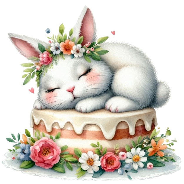 кролик милый спит на торте клипарт акварель