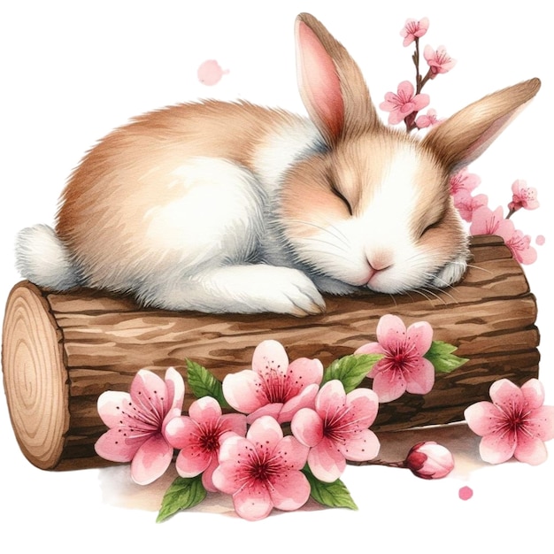 Vector rabbit cute sleeping on timber clipart watercolor