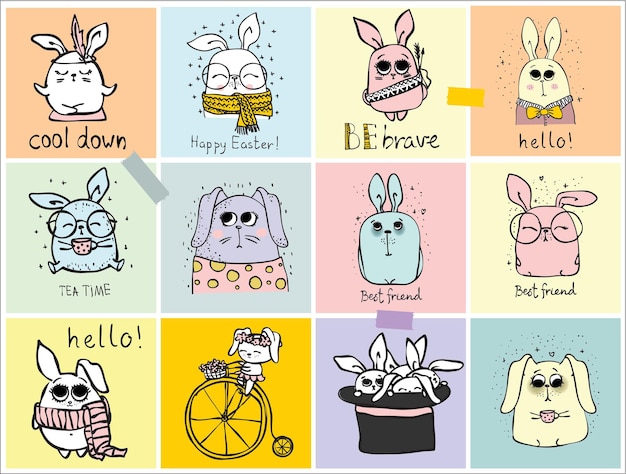 Rabbit doodle set 12 sticker with different cute emotions, handmade. Surprised animal for design Easter. Carrots and cabbage.