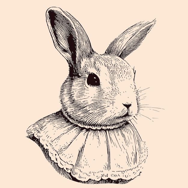 Vector rabbit in dress retro portrait sketch hand drawn illustration