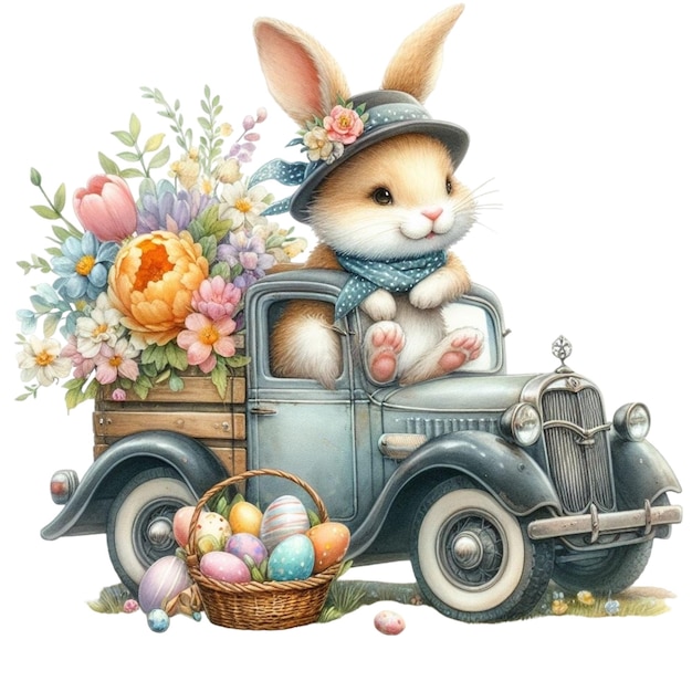 토끼는 고대 자동차를 운전하고 계란 바구니 클리파트 수채화를 가지고 있습니다.